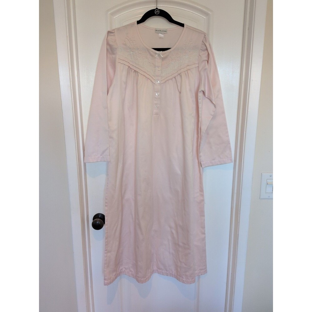 Miss Elaine Nightgown SM Pink Brushed Back Satin Maxi Embroidered Yoke Cozy